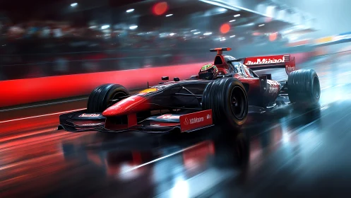 Formula racing car on wet night track in motion blur.