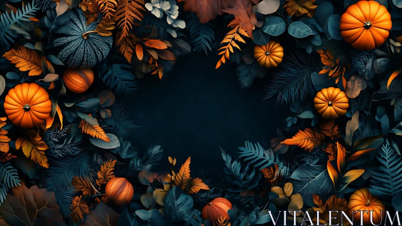 Moody harvest wreath with glowing pumpkins and forest leaves.