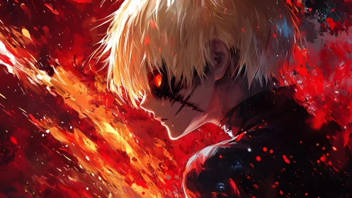 Blond-eyed revenant studies the wildfire stitched in shadow