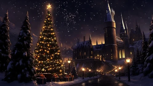 Enchanted castle Christmas eve under star-swept winter sky.