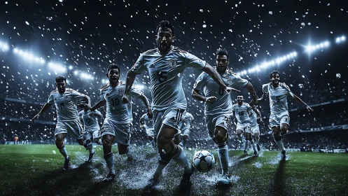 Rain-soaked soccer team charging forward under bright lights.