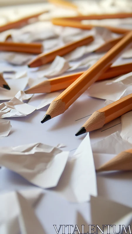 Sharpened yellow pencils scattered on crumpled white paper.