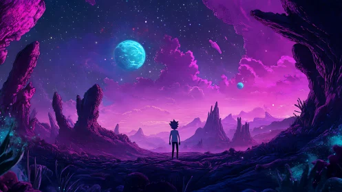 Stargazing wanderer on a glowing purple alien horizon.
