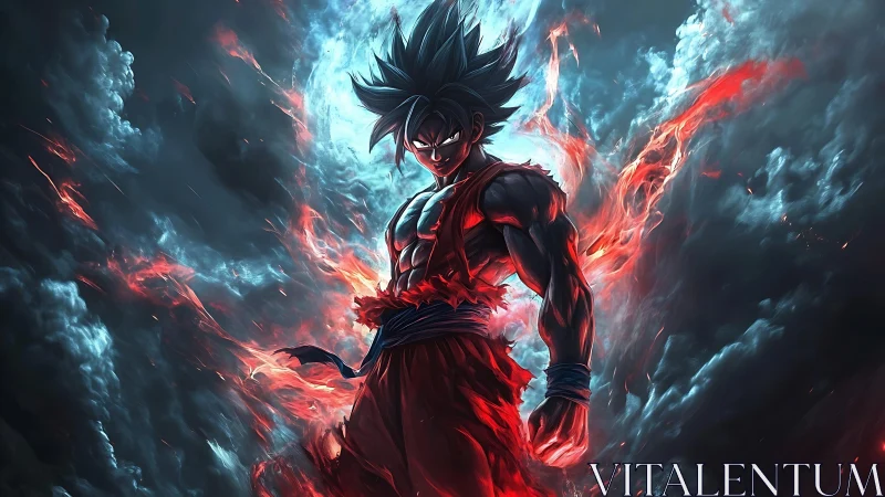 Central figure stands amid swirling red and cyan energy