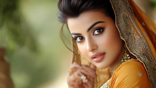 Elegant woman in golden traditional attire, soft natural portrait.