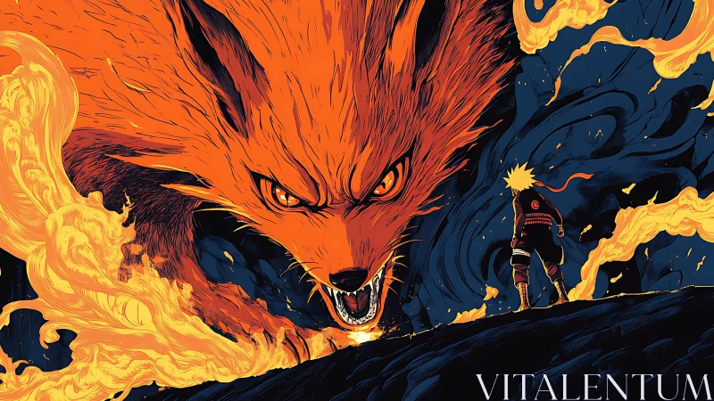 Orange tailed beast and lone figure stand in opposing stances