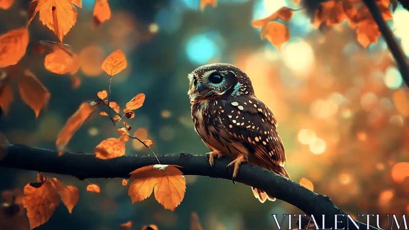 Spotted owl on autumn branch, dreamy bokeh wildlife photography.