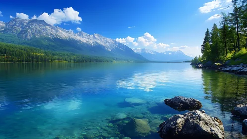 Glacial lake optics with alpine ridge and riparian boulders.