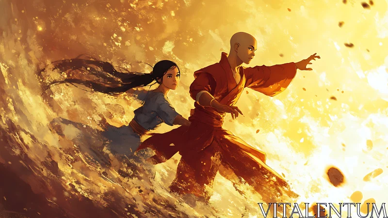 Elemental warriors commanding swirling golden energy storm.