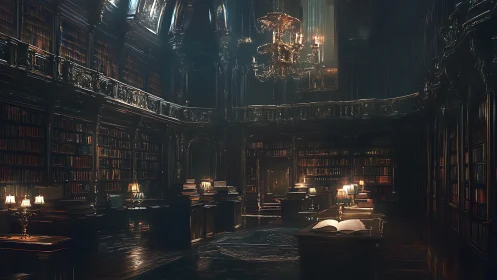 Dimly lit grand library interior shows tall shelves and desks