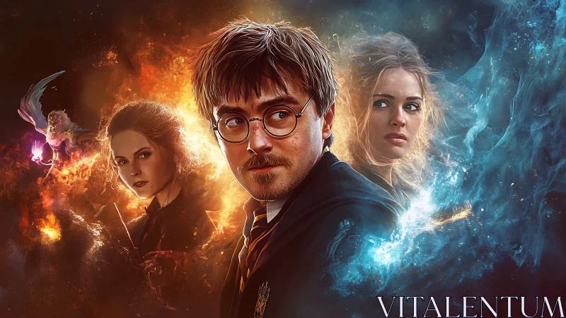 Magical trio portrait framed by opposing fiery and icy auras