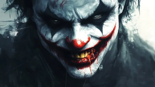 Bruised carnival smile and feral eyes in dripping chaos.