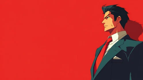 Sharp-suited anime businessman in profile against flat red field