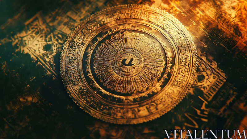 Intricate golden circular emblem with ornate radial pattern.