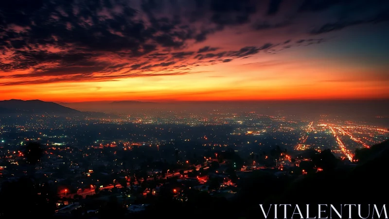 City lights glow beneath a vivid, slowly darkening sunset sky