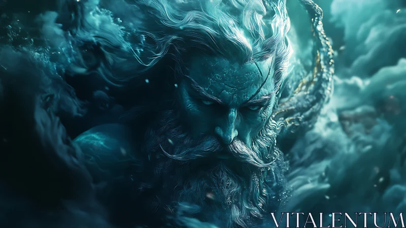 Rendered aquatic humanoid head emerges from turbulent teal mist