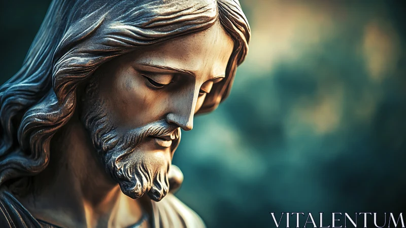 Serene bronze Christ statue gazes downward in quiet prayer