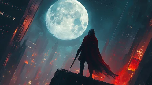 Lone cloaked vigilante under colossal moonlit megacity sky.