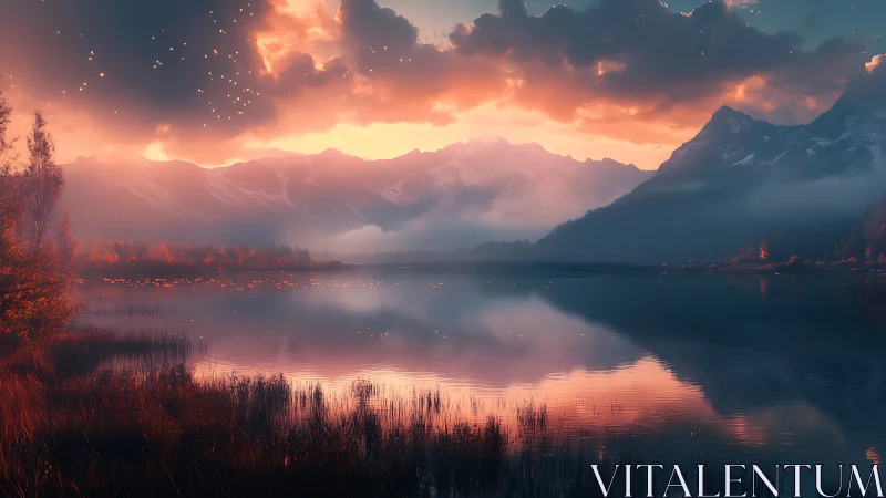 Twilight embers drift above a glass lake of dreaming peaks.