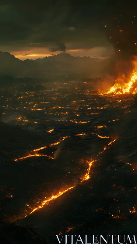 Massive wildfire engulfs landscape beneath mountain peaks.