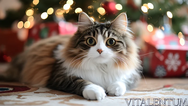 Fluffy Tabby and White Cat Among Holiday Decorations.