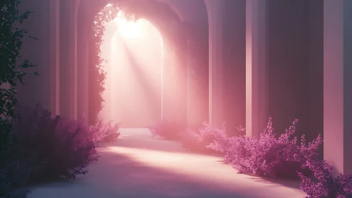 Volumetric sunrise through arched colonnade with lilac foliage
