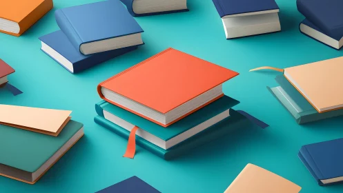 Colorful Hardcover Books Arranged on Blue Surface, Modern Style.