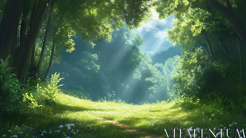 Ethereal Forest Clearing with Radiant Sky and Luminous Pathways.