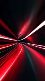 Red light trails curve through dark abstract tunnel space.
