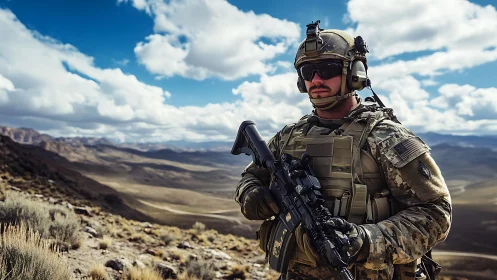 Soldier in modern combat gear standing in open mountain terrain.
