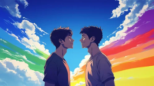 Two young men facing under rainbow sky at sunset.