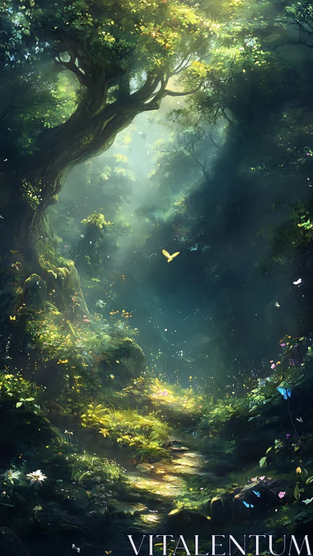 Ancient forest glade with volumetric light rendering and atmospheric depth.