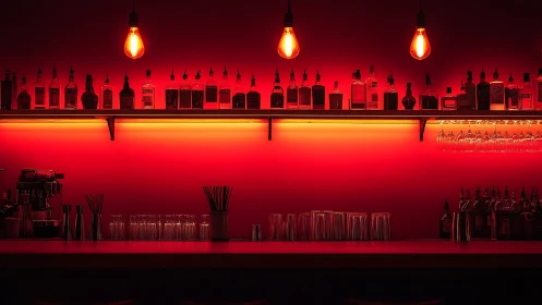 Cozy red-lit cocktail bar glowing with warm evening energy.