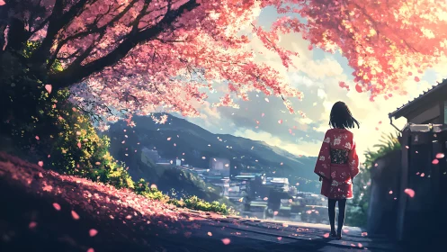 Girl in red kimono gazes over valley under pink blossoms