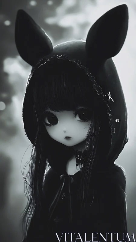 Gothic anime girl in dark hooded cloak with cat ears.