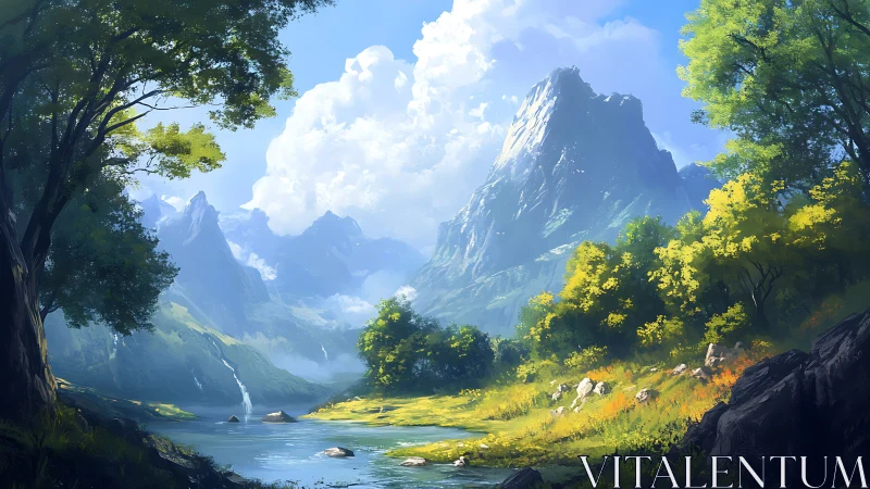 Sunlit mountain valley welcomes a quiet, sparkling river