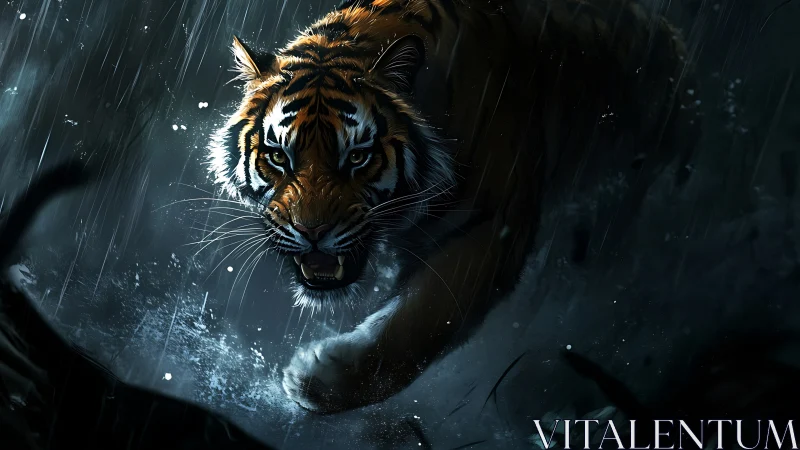 Tiger charges through rain with intense forward motion