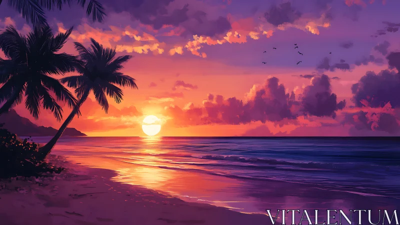 Tropical shoreline sunset with palm silhouettes and vivid clouds