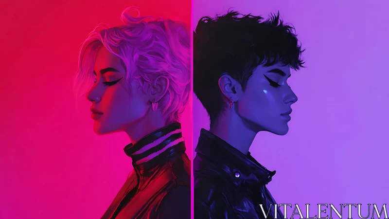 Dual neon portraits in split complementary magenta violet.