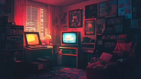 Retro neon gaming den with vintage CRT monitors glowing.