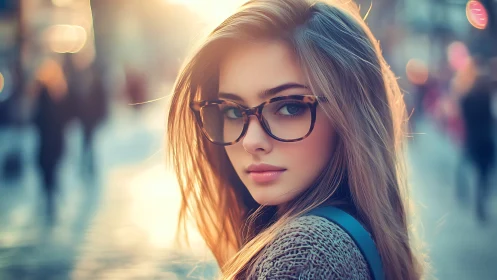Urban portrait of stylish woman in glasses at golden hour.