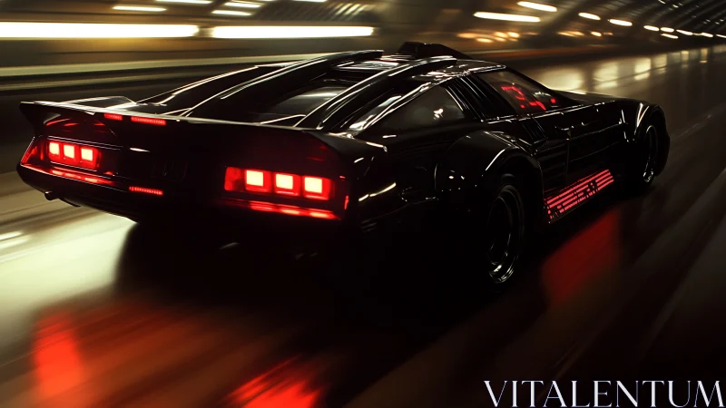Futuristic black supercar races through neon tunnel at speed.