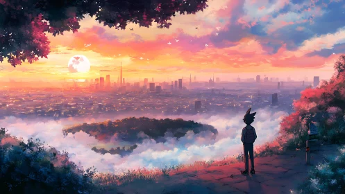 Silhouetted traveler observes glowing city above mist valley