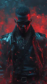 Male figure in leather jacket amid red smoke and sparks.
