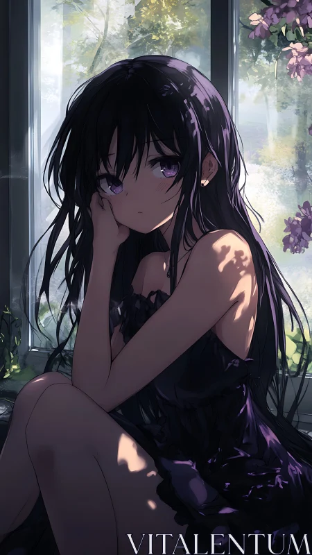 Violet window daydreamer in dappled shadow silence.