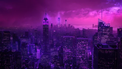 Neon magenta skyline bathes a futuristic city at dusk.