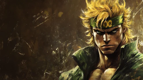 Intense anime warrior portrait rendered with gritty painterly lighting