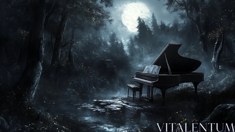 Grand piano stands on wet stone path under full moonlight