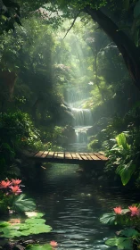 Wooden bridge over forest pond with multi tier waterfall.