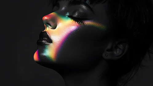 Prismatic shadows paint a luminous arc across closed eyes